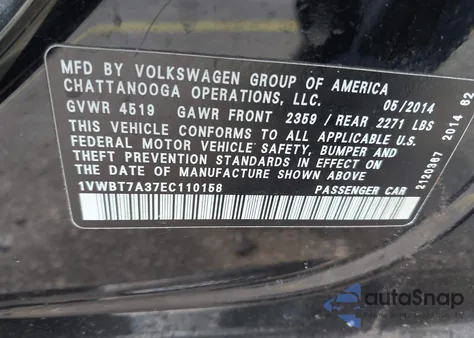 2014 Volkswagen Passat 1.8T Se from USA, damaged, VIN 1VWBT7A37EC110158